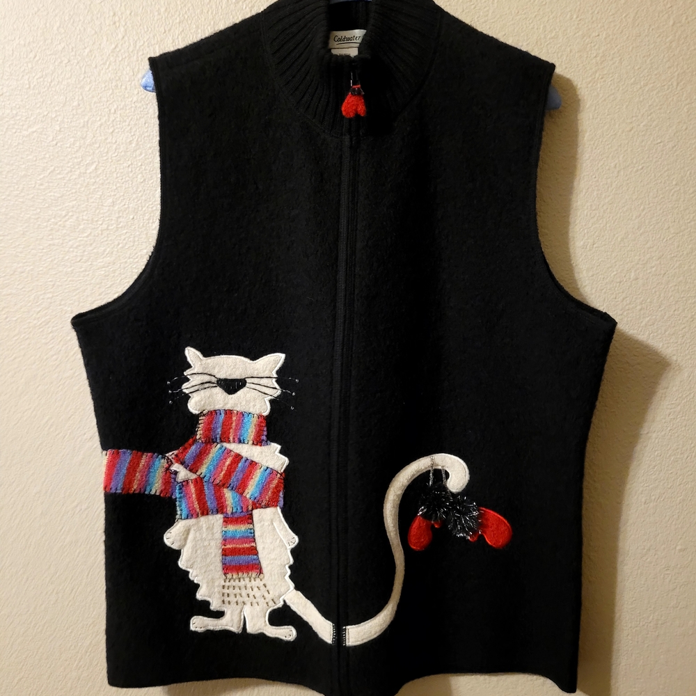 Coldwater Creek Black Vest with Colorful Cat Design. NWOT